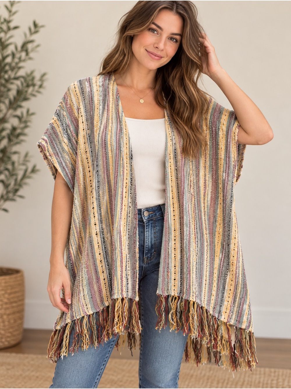 Altar'd State Boho Striped Woven Fringe Open Front Kimono Poncho Vest